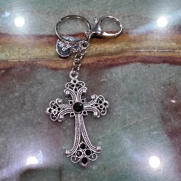 Elegant Silver and Black Cross Bag purse backpack charm kitchen gothic - Picture 2 of 4